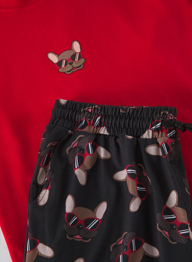 trendyol Red Regular Fit Printed Knitted Pajama Set with Shorts - Image 3