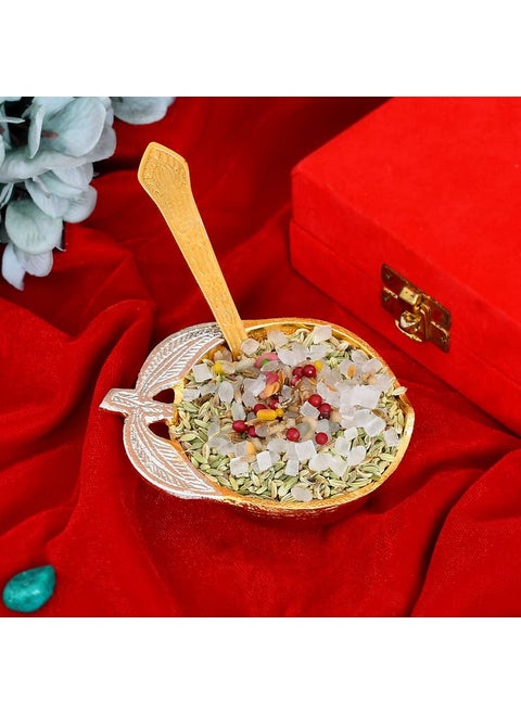 JAIPUR ACE Gold and Silver Plated Leaf Designed Mouth Freshner Bowl Set with Spoon with Royal Velvet Box Pack of 1