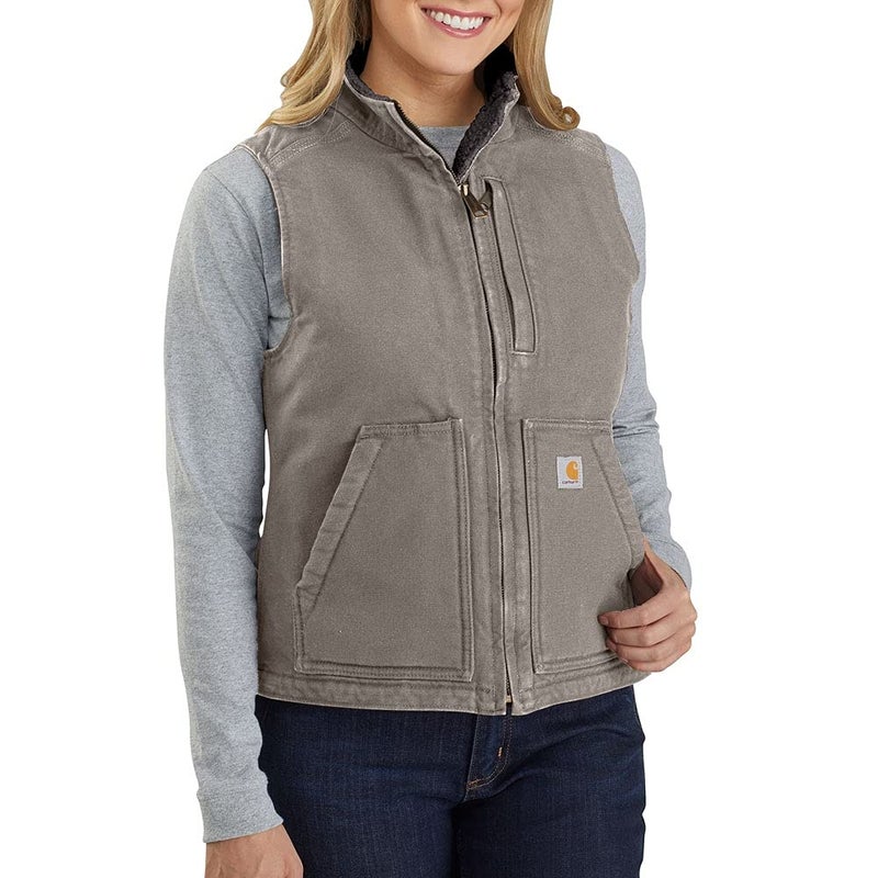 Carhartt Womens Relaxed Fit Washed Duck SherpaLined MockNeck Vest Taupe Gray Medium