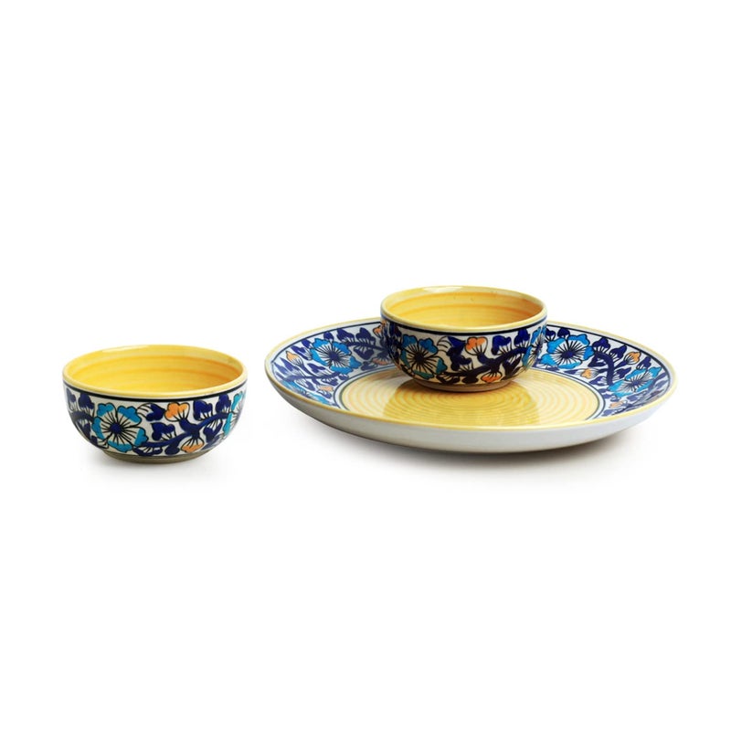 Caffeine Ceramic Handmade Royal Blue & Yellow Flowra Printed Dinner Set, 1 Dinner Plate & 2 Katori Bowl (Set of 3) Microwave Safe & Dishwasher Safe - Image 1