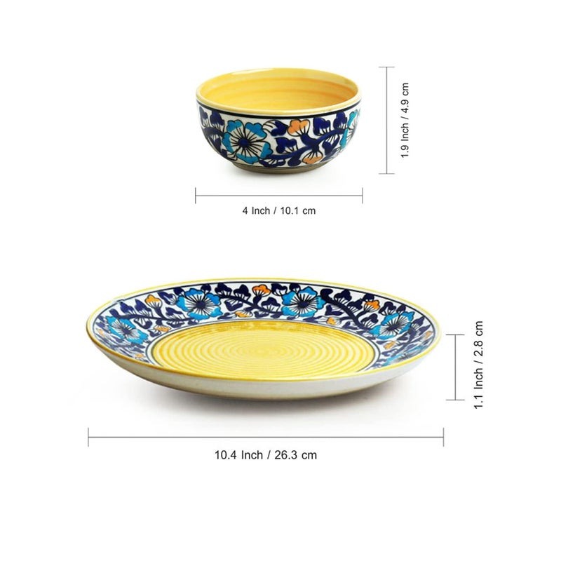 Caffeine Ceramic Handmade Royal Blue & Yellow Flowra Printed Dinner Set, 1 Dinner Plate & 2 Katori Bowl (Set of 3) Microwave Safe & Dishwasher Safe - Image 2