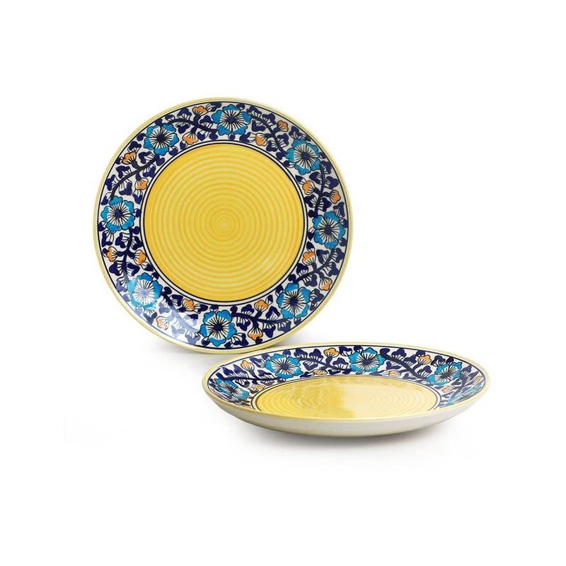 Caffeine Ceramic Handmade Royal Blue & Yellow Flowra Printed Dinner Set, 1 Dinner Plate & 2 Katori Bowl (Set of 3) Microwave Safe & Dishwasher Safe - Image 3