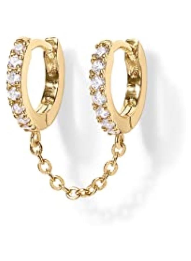 PAVOI 14K Gold Chain Earrings for Women | Double Piercing Dangle Chain Huggie Hoop Earrings | Cubic Zirconia Pearl Stud Ear Cuff Earrings for Women  - Image 1