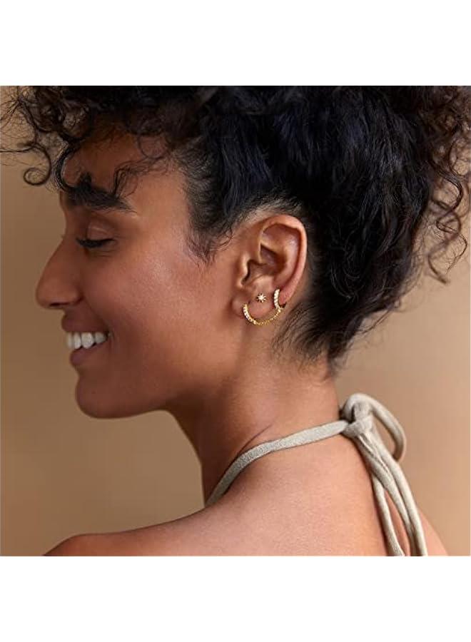 PAVOI 14K Gold Chain Earrings for Women | Double Piercing Dangle Chain Huggie Hoop Earrings | Cubic Zirconia Pearl Stud Ear Cuff Earrings for Women  - Image 2
