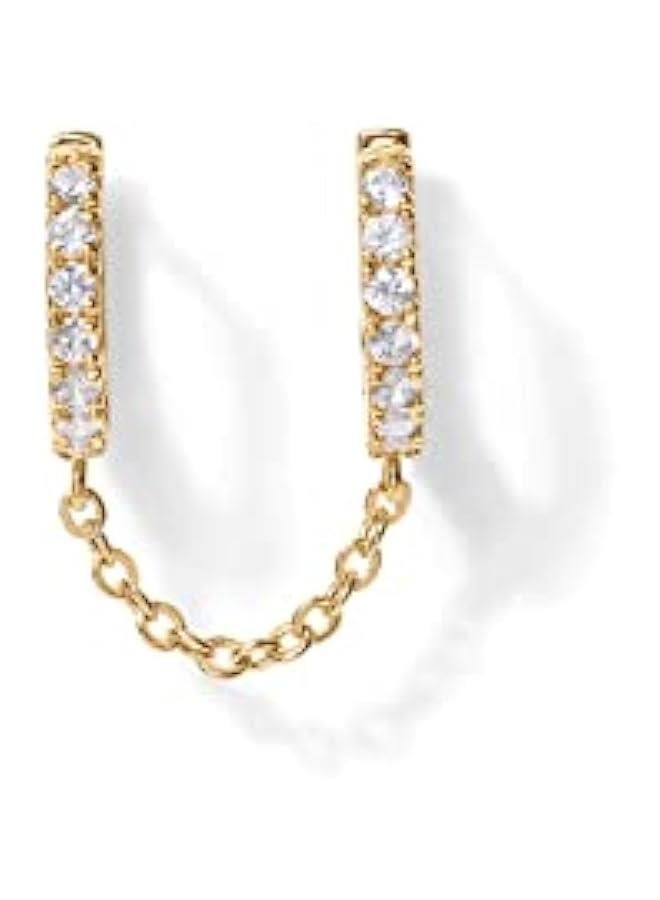 PAVOI 14K Gold Chain Earrings for Women | Double Piercing Dangle Chain Huggie Hoop Earrings | Cubic Zirconia Pearl Stud Ear Cuff Earrings for Women  - Image 3