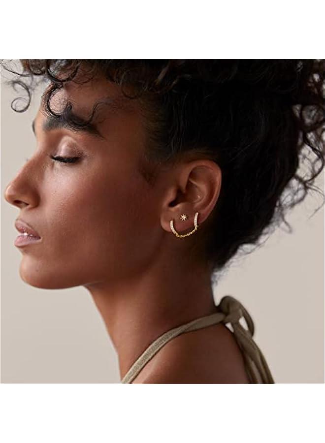 PAVOI 14K Gold Chain Earrings for Women | Double Piercing Dangle Chain Huggie Hoop Earrings | Cubic Zirconia Pearl Stud Ear Cuff Earrings for Women  - Image 4
