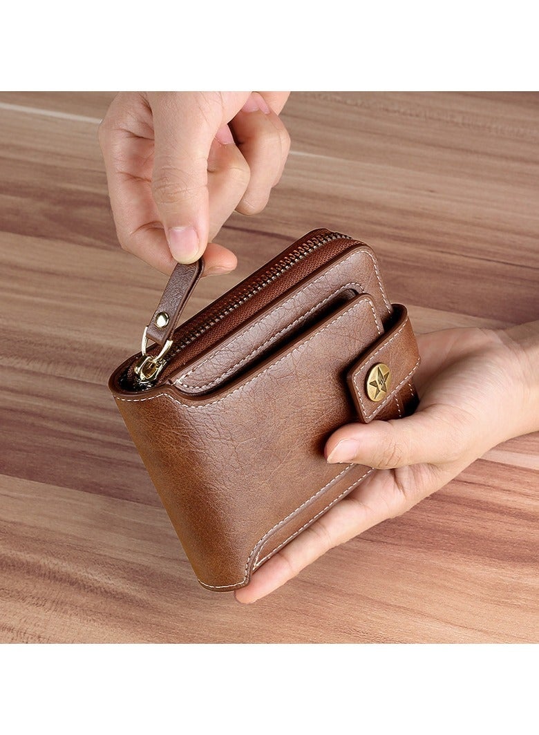 GIFT Men's Short Wallet European and American Fashion Retro Multifunctional Wallet Zipper Buckle Card Holder Brown - Image 3