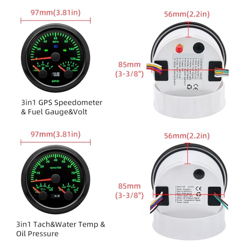 ARTILAURA 3in1 GPS Speedometer& Fuel Gauge (Adjust 240-33ohms, 0-90ohms, 0-190ohms, 10-180ohms) &Voltmeter+ 3in1 Tachometer& Oil Pressure Gauge & Water Teperature, 7 Color for Marine Car Auto - Image 2