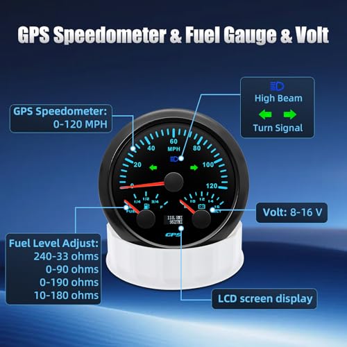 ARTILAURA 3in1 GPS Speedometer& Fuel Gauge (Adjust 240-33ohms, 0-90ohms, 0-190ohms, 10-180ohms) &Voltmeter+ 3in1 Tachometer& Oil Pressure Gauge & Water Teperature, 7 Color for Marine Car Auto - Image 3