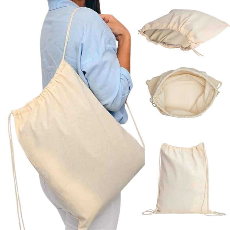 CrownLit Drawstring Cotton Carry Bags, 38cm x 50cm, Pack of 2, Colors : Black/White - Image 2