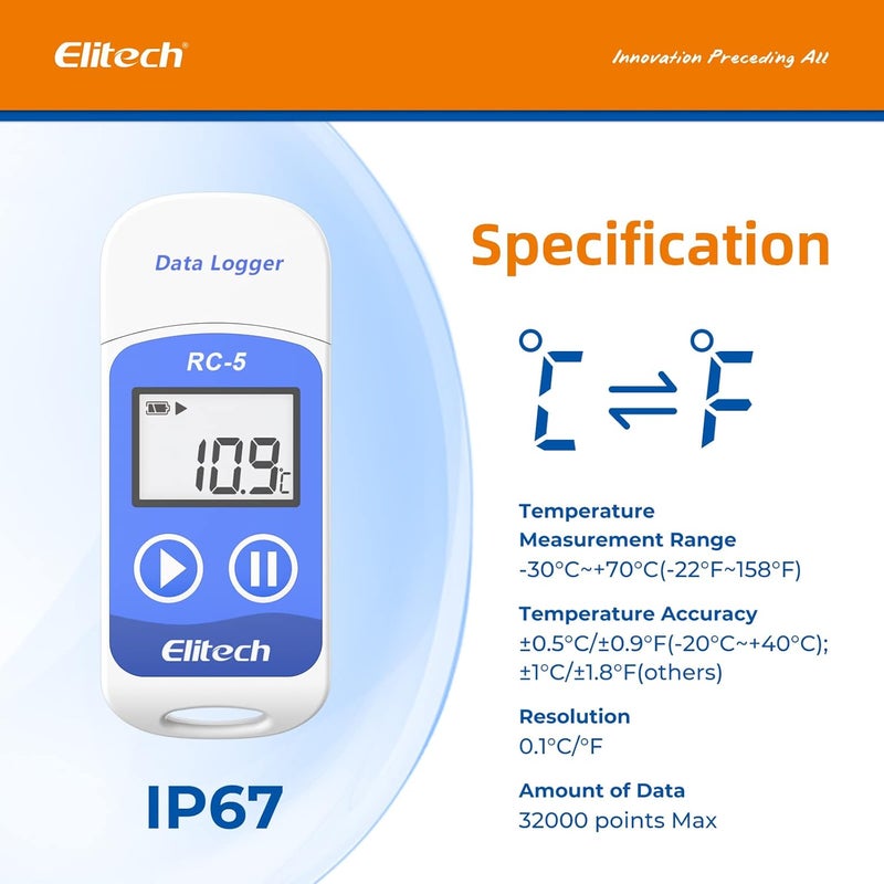 Elitech RC-5 USB Temperature Data Logger Recorder 32000 Points High Accuracy (5 Pack) - Image 3