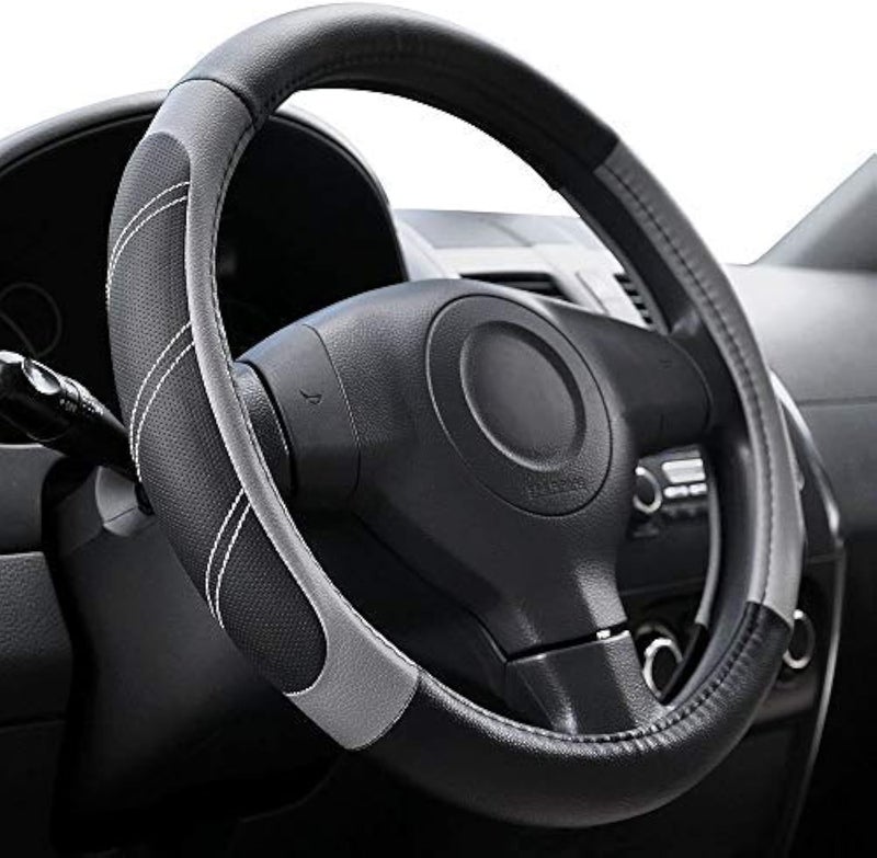 Elantrip Leather Large Steering Wheel Cover 15 1/2 to 16 inch Soft Grip Breathable for Car Truck SUV Jeep Anti Slip Black and Gray - Image 1