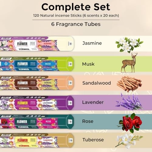 Chakra Premium Natural Incense Sticks – Variety Pack of 6 Blossomy Scents – Jasmine, Lavender, Musk, Rose, Sandalwood & Tuberose – Long-Lasting Scented Incense for Meditation & Home Fragrance - Image 3