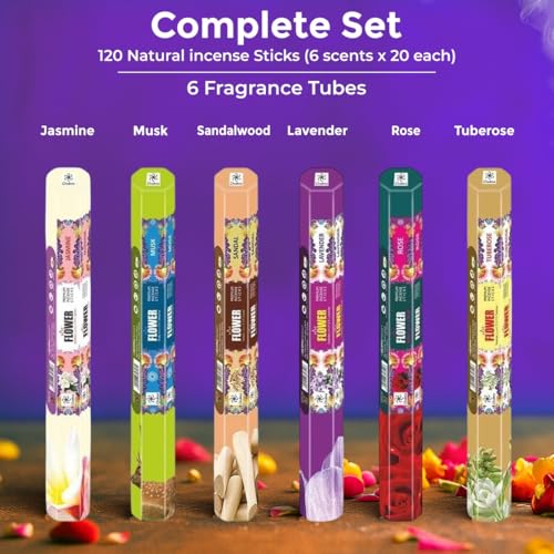 Chakra Premium Natural Incense Sticks – Variety Pack of 6 Blossomy Scents – Jasmine, Lavender, Musk, Rose, Sandalwood & Tuberose – Long-Lasting Scented Incense for Meditation & Home Fragrance - Image 4