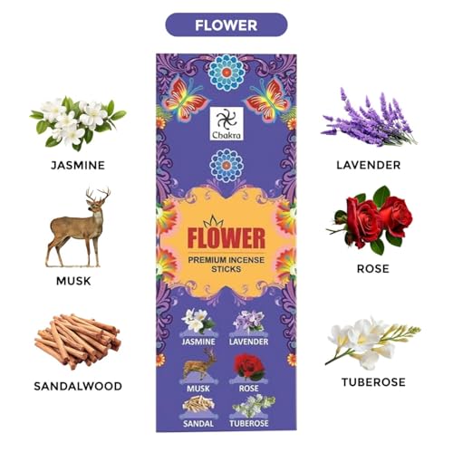 Chakra Premium Natural Incense Sticks – Variety Pack of 6 Blossomy Scents – Jasmine, Lavender, Musk, Rose, Sandalwood & Tuberose – Long-Lasting Scented Incense for Meditation & Home Fragrance - Image 2