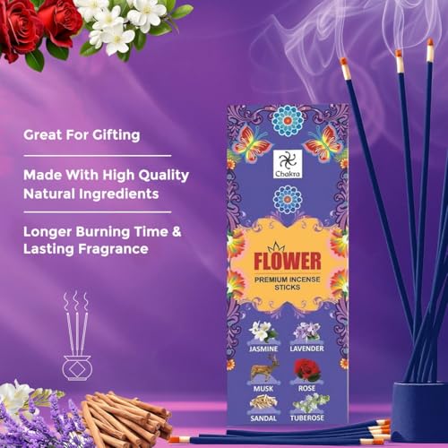 Chakra Premium Natural Incense Sticks – Variety Pack of 6 Blossomy Scents – Jasmine, Lavender, Musk, Rose, Sandalwood & Tuberose – Long-Lasting Scented Incense for Meditation & Home Fragrance - Image 5