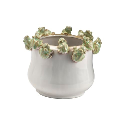 Creative Co-Op Stoneware Planter with Frogs on Rim and Reactive Glaze, Green and White - Image 1
