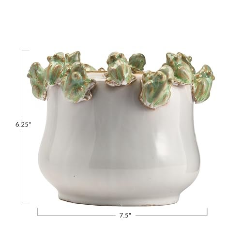Creative Co-Op Stoneware Planter with Frogs on Rim and Reactive Glaze, Green and White - Image 4