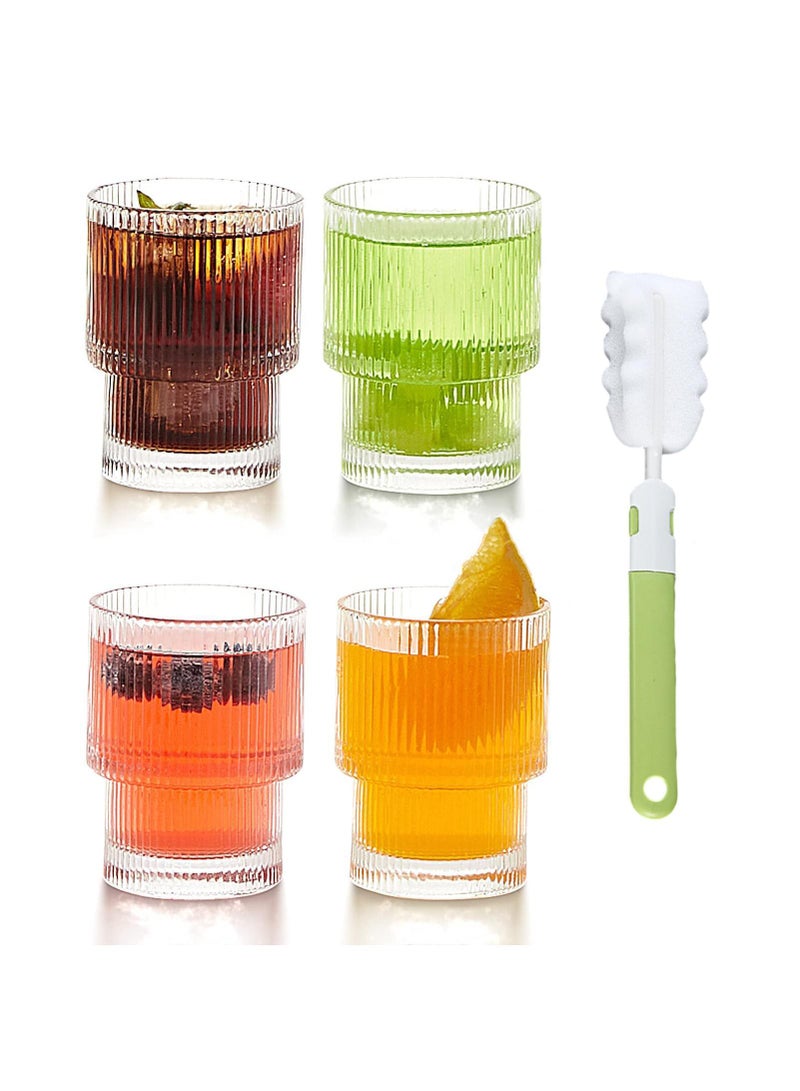 Sweet seven طقم أواني زجاجية على طراز أوريجامي - عبوة من 4 أكواب شرب سعة 200 مل وفرشاة أكواب - تصميم تموج عتيق أنيق - مثالي لحفلات الزفاف وبارات المياه والعصائر - Image 1