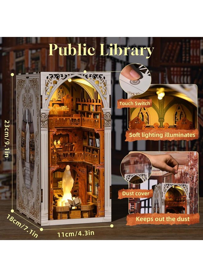CCCDF Book Nook Kit, DIY Miniature House Kit 3D Wooden Puzzle for Adults Booknook Kit with Dust Cover Book Decor Bookshelf Decoration Decorative Bookends Women Craft Gifts for Teens (Public Library) - Image 3