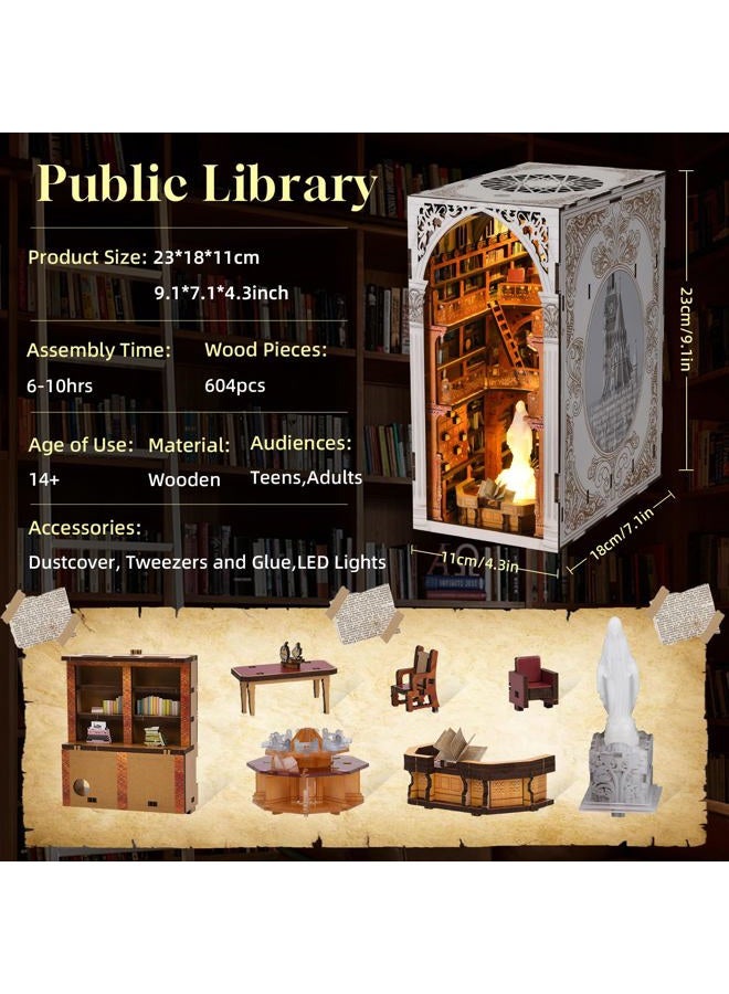 CCCDF Book Nook Kit, DIY Miniature House Kit 3D Wooden Puzzle for Adults Booknook Kit with Dust Cover Book Decor Bookshelf Decoration Decorative Bookends Women Craft Gifts for Teens (Public Library) - Image 2