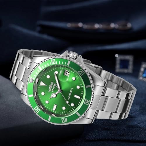 MASTOP Men Automatic Mechanical Watches Full Steel Waterproof Mens Watches with Calendar (Silver Green) - Image 4