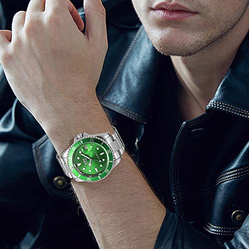 MASTOP Men Automatic Mechanical Watches Full Steel Waterproof Mens Watches with Calendar (Silver Green) - Image 3