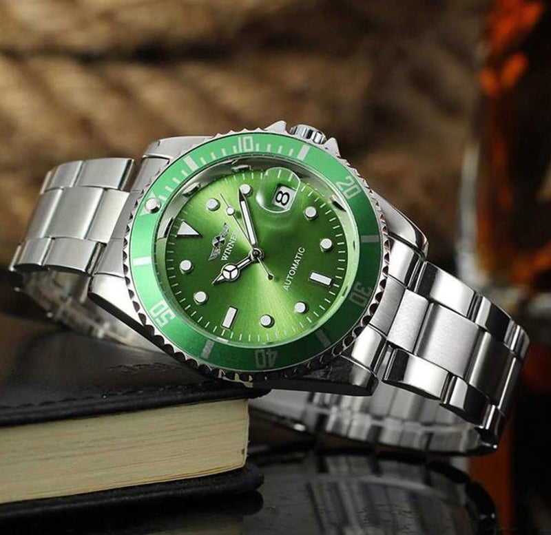 MASTOP Men Automatic Mechanical Watches Full Steel Waterproof Mens Watches with Calendar (Silver Green) - Image 5