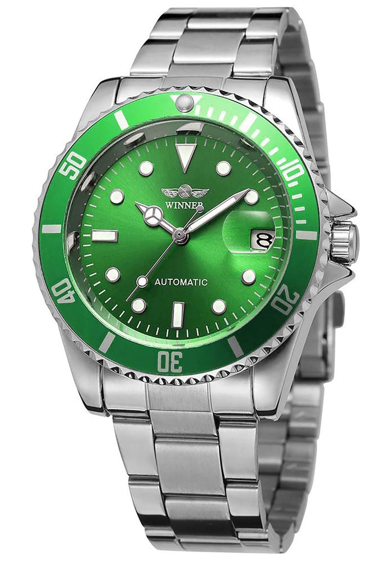 MASTOP Men Automatic Mechanical Watches Full Steel Waterproof Mens Watches with Calendar (Silver Green) - Image 1