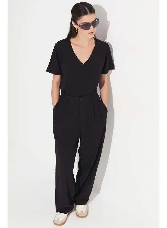 جون June V-neck 100% Cotton Basic Tshirt Black