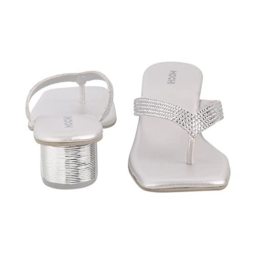 Mochi Women's Silver Faux Leather Square Toe Block Heel Thong Fashion Sandals UK/4 EU/37 (35-4990) - Image 5