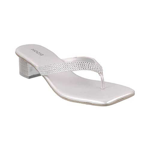 Mochi Women's Silver Faux Leather Square Toe Block Heel Thong Fashion Sandals UK/4 EU/37 (35-4990) - Image 2
