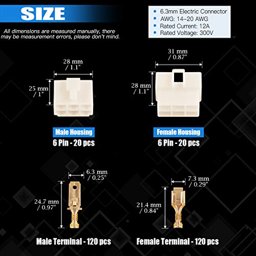 Glarks 280Pcs 6.3mm 6 Pin Way Electrical Automotive Wire Connector Male Female Socket Plug and Terminals Kit for Motorcycle, Bike, Car, Boats (20Set 6.3mm 6P) - Image 2