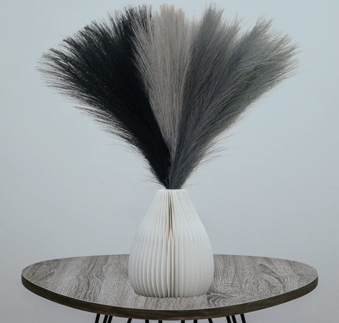6 PCS 17 FAUX DRIED PAMPAS GRASS DECOR FLUFFY FAKE SMALL POMPAS ARTIFICIAL BLACK GREY GRAY POMPOUS SHORT STEMS BOUQUET FLOWER ARRANGEMENT VASE FILLER FOR BOHO HOME WEDDING DECORATION ORDERS