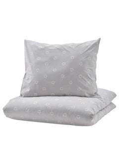 Zaboon Duvet Cover And Pillowcase, Floral Pattern Grey/White, 150X200/50X80 Cm  - Image 1