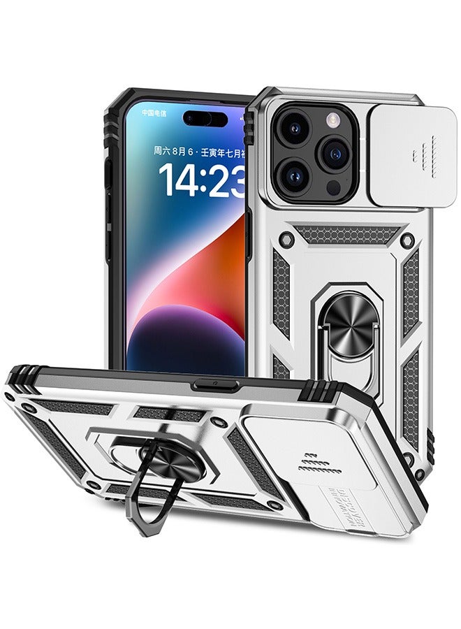 For iPhone 15 Pro Max (6.7 inch) with Camera Cover, Stand Kickstand Ring, 360° Rotate Ring Kickstand Magnetic Car Mount Shockproof Protective Phone Cover Case for iPhone 15 Pro Max (Silver) - Image 1