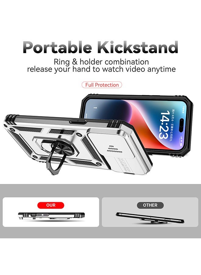 For iPhone 15 Pro Max (6.7 inch) with Camera Cover, Stand Kickstand Ring, 360° Rotate Ring Kickstand Magnetic Car Mount Shockproof Protective Phone Cover Case for iPhone 15 Pro Max (Silver) - Image 2