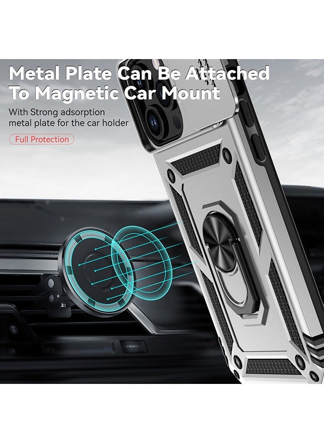 For iPhone 15 Pro Max (6.7 inch) with Camera Cover, Stand Kickstand Ring, 360° Rotate Ring Kickstand Magnetic Car Mount Shockproof Protective Phone Cover Case for iPhone 15 Pro Max (Silver) - Image 3