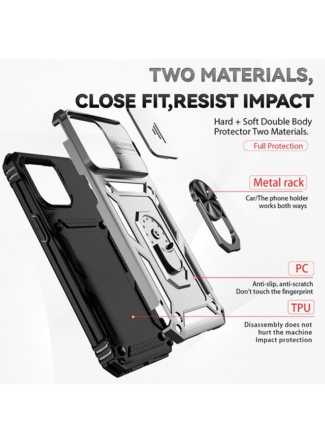 For iPhone 15 Pro Max (6.7 inch) with Camera Cover, Stand Kickstand Ring, 360° Rotate Ring Kickstand Magnetic Car Mount Shockproof Protective Phone Cover Case for iPhone 15 Pro Max (Silver) - Image 4