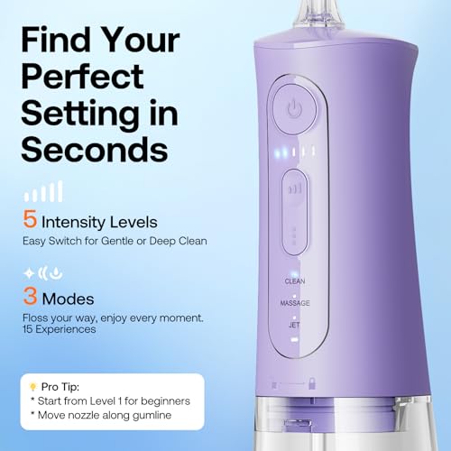 Bitvae Water Dental Flosser Teeth Pick, Portable Water Teeth Cleaner Picks, IPX7 Waterproof Oral Irrigator, 3 Modes 5 Intensities, USB Rechargeable Water Dental Picks for Cleaning - Lavender - Image 4