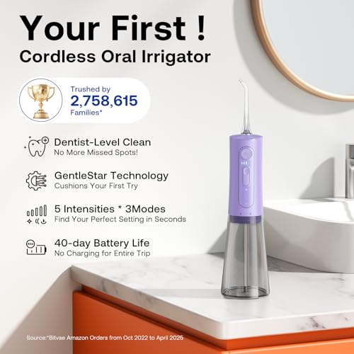 Bitvae Water Dental Flosser Teeth Pick, Portable Water Teeth Cleaner Picks, IPX7 Waterproof Oral Irrigator, 3 Modes 5 Intensities, USB Rechargeable Water Dental Picks for Cleaning - Lavender - Image 2