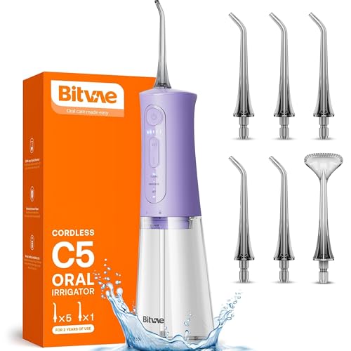 Bitvae Water Dental Flosser Teeth Pick, Portable Water Teeth Cleaner Picks, IPX7 Waterproof Oral Irrigator, 3 Modes 5 Intensities, USB Rechargeable Water Dental Picks for Cleaning - Lavender - Image 1