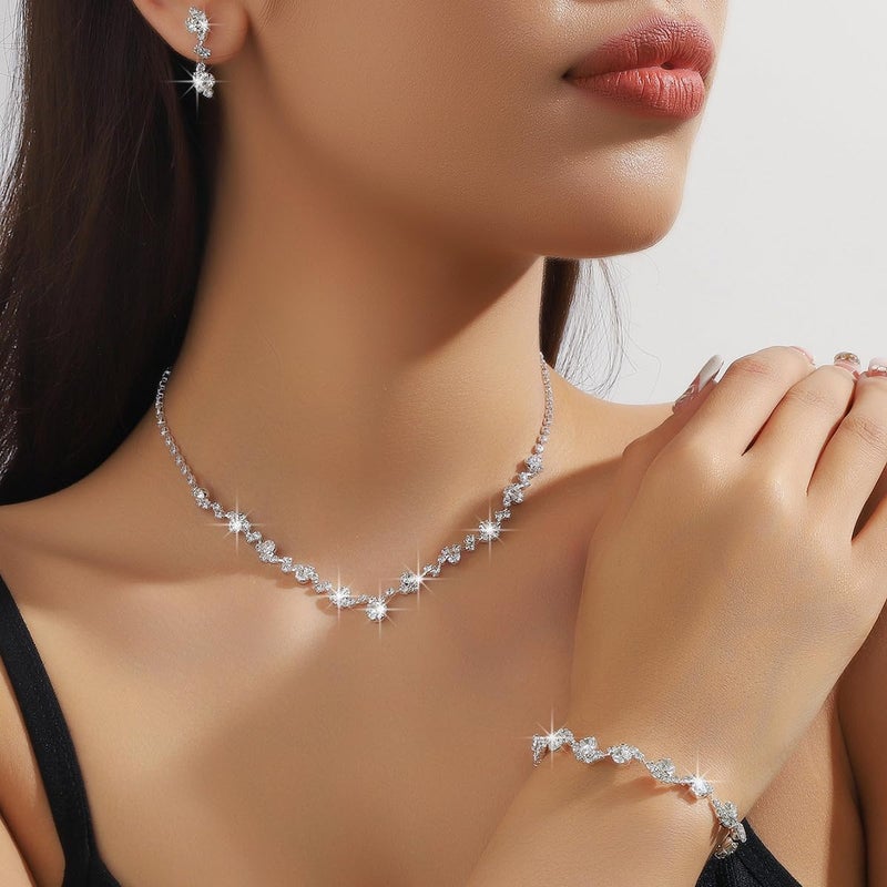 Cicod Prom Jewelry Set Elegant Silver Crystal Rhinestone Necklace Earrings Bracelet Bridal Wedding Prom Dresses Costume Outfit Silver Jewelry Sets for Women - Image 3