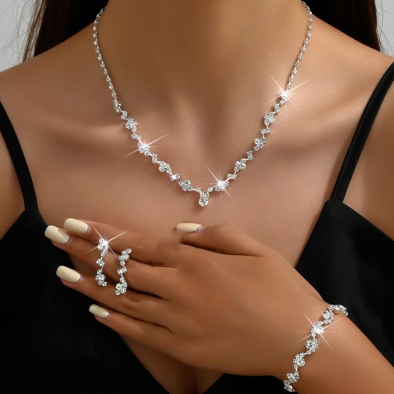 Cicod Prom Jewelry Set Elegant Silver Crystal Rhinestone Necklace Earrings Bracelet Bridal Wedding Prom Dresses Costume Outfit Silver Jewelry Sets for Women - Image 2