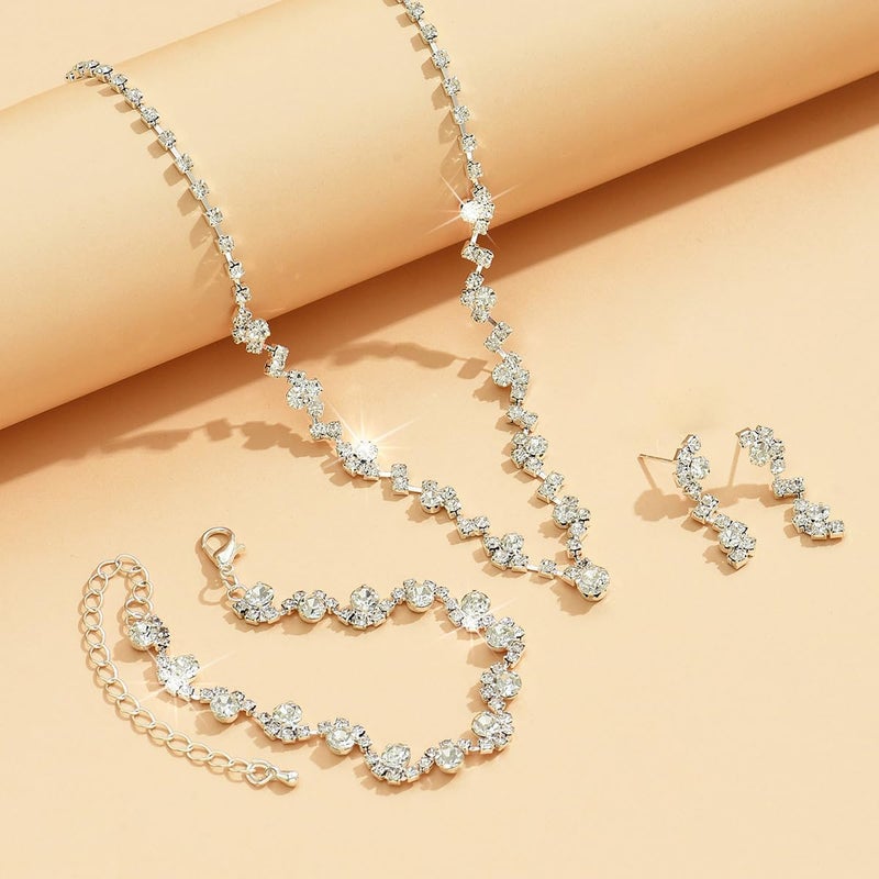 Cicod Prom Jewelry Set Elegant Silver Crystal Rhinestone Necklace Earrings Bracelet Bridal Wedding Prom Dresses Costume Outfit Silver Jewelry Sets for Women - Image 5