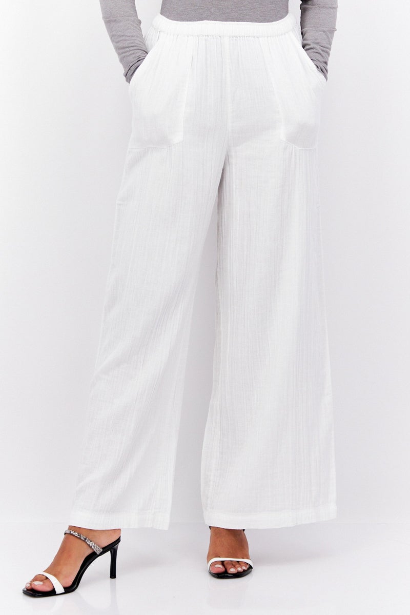 Roxy Women Wide Leg Textured Pull On Palazzo Pants, White  - Image 1