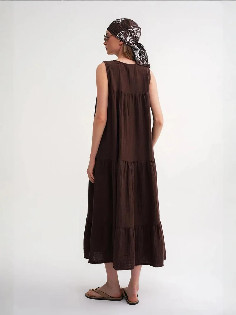 MixRay Coffee Brown Mixray Sleeveless V-Neck Muslin Midi Dress with Pockets for Women | Best Price UAE