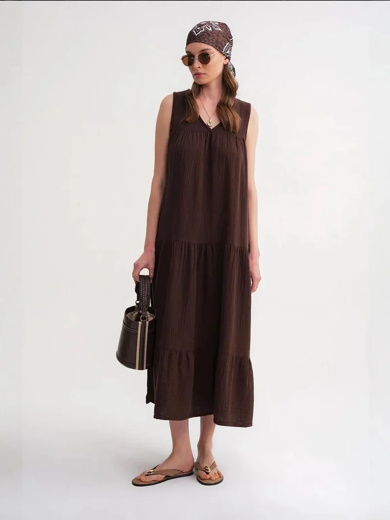 MixRay Coffee Brown Mixray Sleeveless V-Neck Muslin Midi Dress with Pockets for Women | Best Price UAE