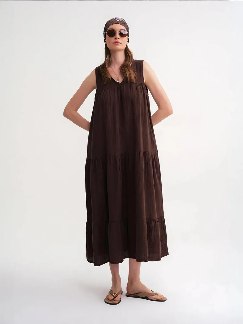 MixRay Coffee Brown Mixray Sleeveless V-Neck Muslin Midi Dress with Pockets for Women | Best Price UAE