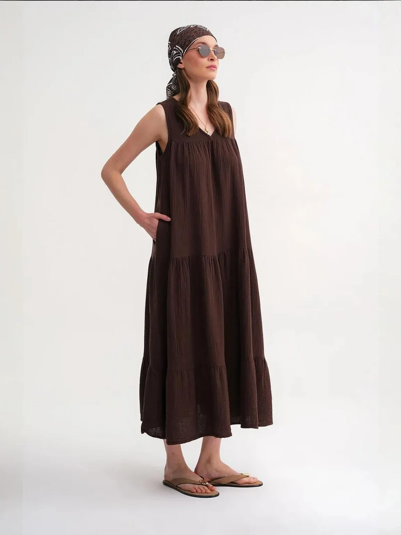 MixRay Coffee Brown Mixray Sleeveless V-Neck Muslin Midi Dress with Pockets for Women | Best Price UAE